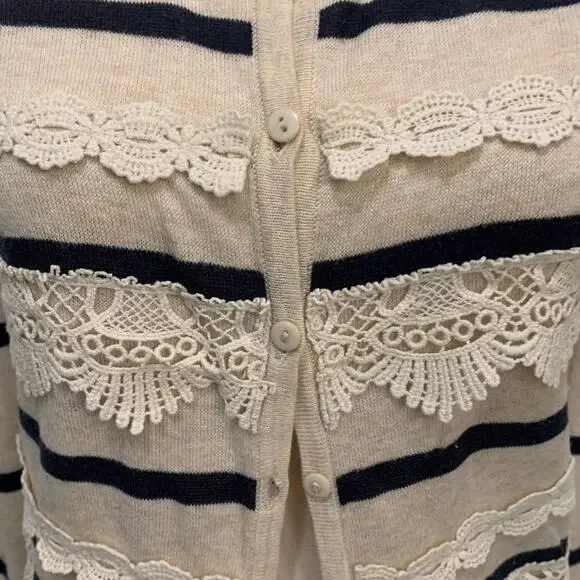 Flying Tomato oatmeal with navy stripes and lace details long sleeve cardigan M - Picture 3 of 7